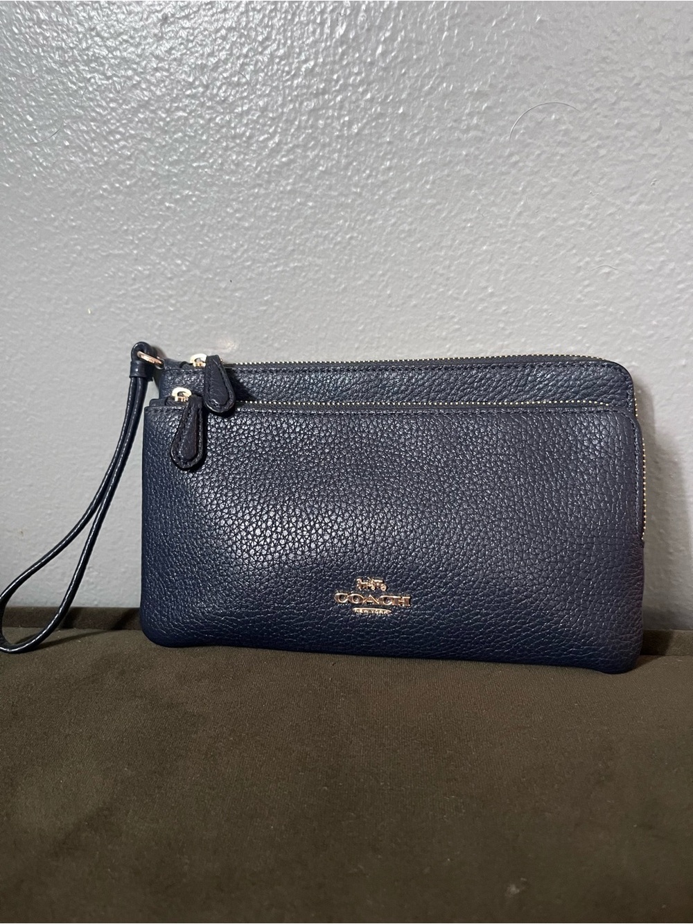 Coach Navy Pebbled Leather Double-Zip Wristlet